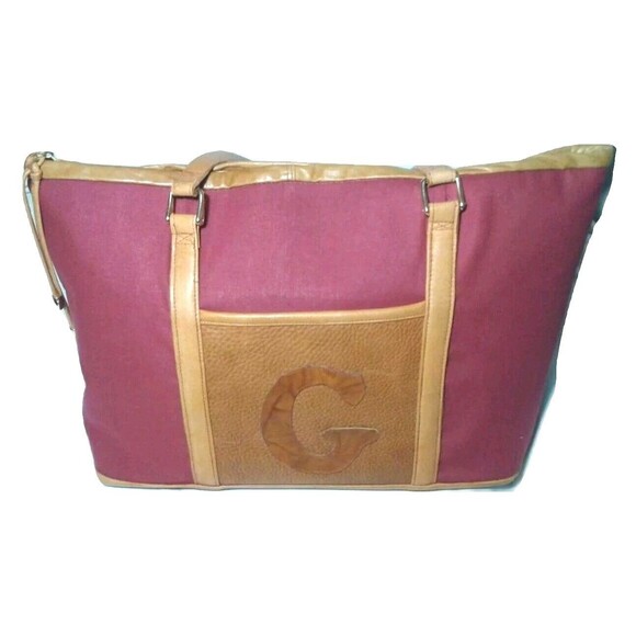 Lesley Sara Custom Made Cotton & Leather Tote Large Carry All Burgundy & Brown - Picture 1 of 8